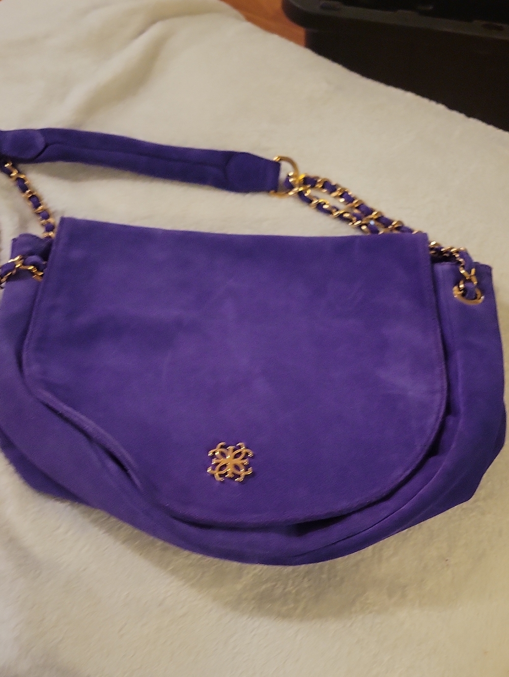 Purple Suede Shoulder Bag with Gold Chain Accent